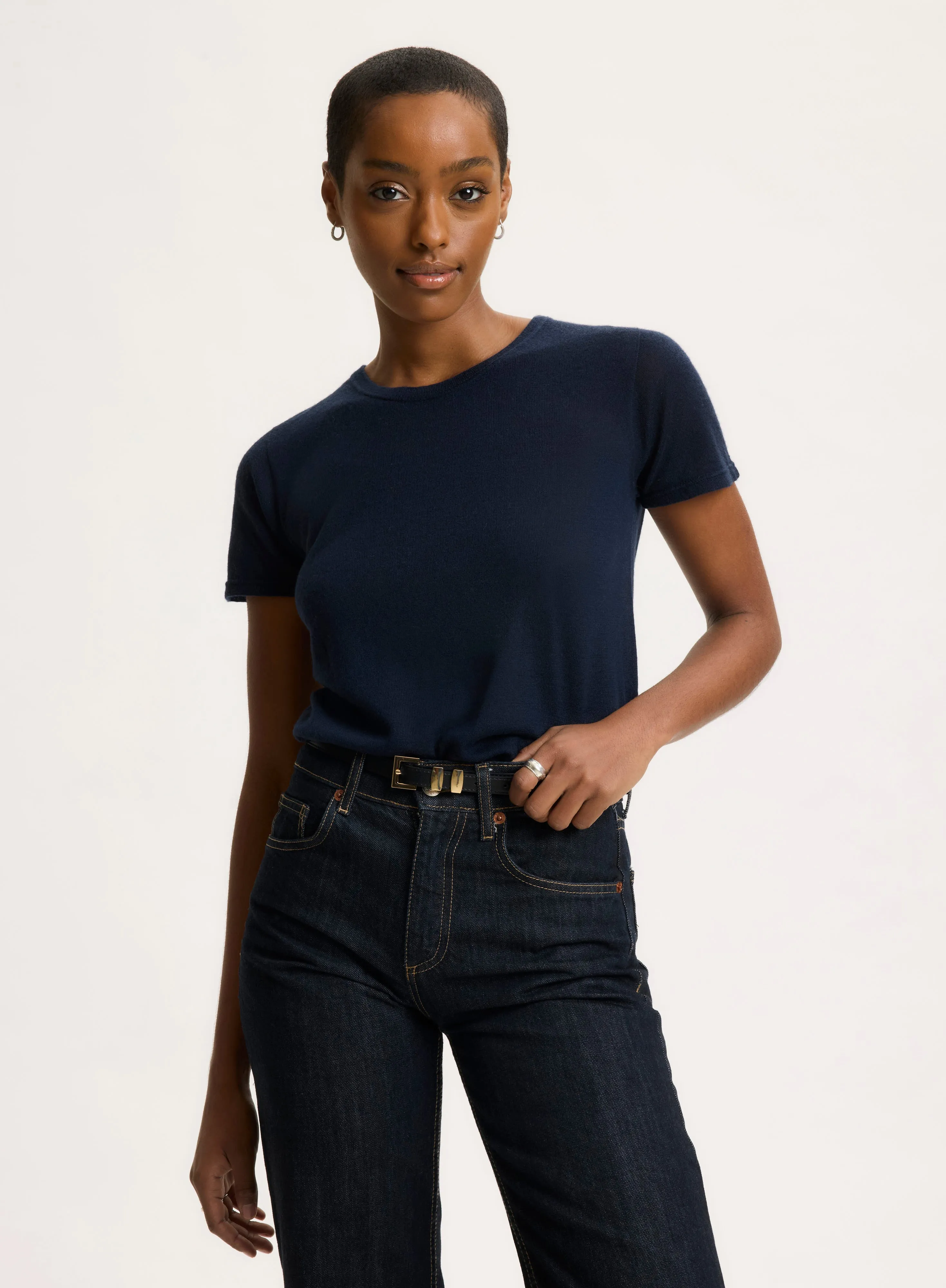 T-shirt Marine Col Rond Manches Courtes en 100% Cachemire